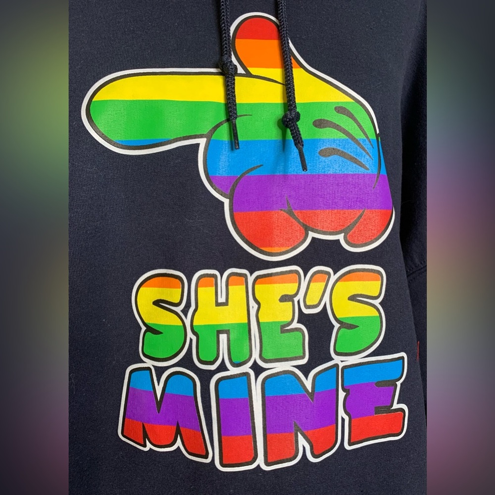 Blue She’s Mine Mickey Mouse Pointing Hand, The Rainbow Mickey Hands Hoodie 3XL - Picture 2 of 10